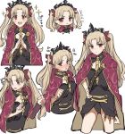  1girl bangs blonde_hair blush cape earrings ereshkigal_(fate/grand_order) fate/grand_order fate_(series) hair_ribbon highres jewelry long_hair looking_at_viewer nari open_mouth red_cape red_eyes red_ribbon ribbon solo sparkle tiara tohsaka_rin twintails 