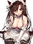  1girl alternate_costume animal_ears bangs bare_shoulders black_legwear blush breasts brooch brown_hair chains cleavage collar detached_collar efe elbow_gloves enmaided gloves imaizumi_kagerou jewelry large_breasts leash long_hair looking_at_viewer maid maid_headdress pantyhose red_eyes revision saliva simple_background sitting solo tears touhou very_long_hair wariza white_background white_gloves wolf_ears 