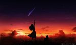  1girl arm_above_head arm_holding artist_name cat clouds dress from_behind grass kijineko layered_dress long_hair original outdoors shooting_star silhouette sky solo star_(sky) starry_sky stretch sunset twitter_username wind 