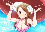  1girl arms_up bikini blush breasts brown_eyes brown_hair cleavage closed_mouth collarbone flower hair_flower hair_ornament happy_birthday hat heart idolmaster jabara_tornado jewelry long_hair looking_at_viewer medium_breasts minase_iori one_eye_closed partially_submerged smile solo swimsuit upper_body water wet 