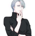  1boy blue_eyes finger_to_mouth fuji_(c-b-s) jewelry lips male_focus ring silver_hair sweater turtleneck turtleneck_sweater upper_body viktor_nikiforov yuri!!!_on_ice 