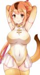  1girl animal_ears armpits arms_up blush breasts brown_eyes chiune_(yachi) circlet covered_navel elbow_gloves gloves golden_snub-nosed_monkey_(kemono_friends) groin hand_behind_head highleg highleg_leotard highres kemono_friends large_breasts leotard long_hair monkey monkey_tail orange_hair ponytail simple_background skirt sleeveless smile solo tail thigh-highs white_background 
