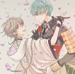  2boys aqua_hair arm_around_shoulder armor black_gloves chains flower gloves hood ichigo_hitofuri japanese_armor japanese_clothes male_focus multiple_boys necktie nizakiaro open_mouth partly_fingerless_gloves smile sode touken_ranbu tsurumaru_kuninaga v white_gloves white_hair yellow_eyes 