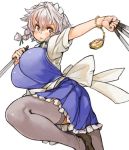  1girl apron blue_dress bow braid breasts dress fighting_stance grey_eyes hair_bow holding holding_knife izayoi_sakuya knife knives_between_fingers large_breasts maid maid_apron maid_headdress one_leg_raised pocket_watch sachito short_sleeves silver_hair simple_background solo thigh-highs touhou twin_braids waist_apron watch white_background 
