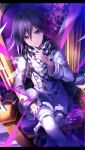  1boy black_scarf chair checkered_scarf closed_mouth copyright_name dangan_ronpa dutch_angle finger_to_cheek hair_between_eyes hat holding holding_hat index_finger_raised letterboxed looking_at_viewer male_focus new_dangan_ronpa_v3 ouma_kokichi peaked_cap purple_hair scarf sitting smile straitjacket throne violet_eyes white_scarf yuxx_yux 