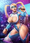  1girl abs blonde_hair blue_eyes boots breasts cleavage domino_mask heart_cutout highres john_ly large_breasts long_hair mask microphone rainbow_mika revision smile solo street_fighter thick_thighs thighs twintails very_long_hair 