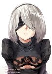  1girl absurdres black_dress blindfold breasts cleavage dress hairband hews_hack highres lips mole mole_under_mouth nier_(series) nier_automata short_hair silver_hair small_breasts solo upper_body yorha_no._2_type_b 