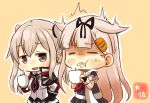  2girls artist_name black_gloves black_ribbon black_serafuku black_skirt blonde_hair brown_eyes capelet commentary_request cross cup frown gloves graf_zeppelin_(kantai_collection) hair_flaps hair_ornament hair_ribbon hairclip holding holding_cup jacket kantai_collection long_hair long_sleeves multiple_girls neckerchief open_mouth orange_background pleated_skirt red_neckerchief remodel_(kantai_collection) ribbon scarf school_uniform serafuku short_sleeves sidelocks simple_background skirt taisa_(kari) twintails white_jacket white_scarf yuudachi_(kantai_collection) 