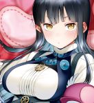 1girl :/ am_(summon_night) bangs black_hair blunt_bangs breasts character_request commentary_request creature eyebrows_visible_through_hair fur-trimmed_collar fur_trim hair_over_shoulder high_collar jewelry large_breasts lips long_hair long_sleeves looking_at_viewer pendant pout quilt_(summon_night) shirt short_eyebrows strap summon_night summon_night_6_lost_borders upper_body white_shirt yan&#039;yo_(yan&#039;yan&#039;yo) yellow_eyes 