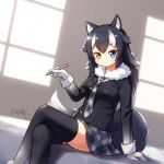  1girl animal_ears black_hair fur_collar gloves grey_wolf_(kemono_friends) heterochromia highres kemono_friends langbazi long_hair long_sleeves looking_at_viewer multicolored_hair necktie solo tail thigh-highs two-tone_hair wolf_ears wolf_tail 