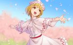  1girl :d alternate_hair_length alternate_hairstyle blonde_hair blue_sky capelet cherry_blossoms commentary commentary_request dress frilled_dress frilled_hat frills hat head_tilt lily_white looking_up meitei open_mouth outstretched_arms petals red_sash sash short_hair sky smile solo spread_arms spring_(season) touhou upper_body white_dress white_hat wide_sleeves yellow_eyes 