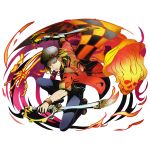  1boy armband blonde_hair cabbie_hat denim divine_gate dual_wielding full_body hat jacket jeans leonardo_(divine_gate) looking_at_viewer male_focus official_art one_knee paintbrush pants red_jacket short_hair skeleton sleeves_rolled_up solo squatting transparent_background ucmm yellow_eyes 