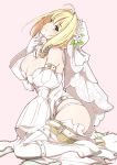  1girl ahoge ass bare_shoulders belt blonde_hair breasts bridal_veil chains cleavage detached_sleeves dress fate/extra fate/extra_ccc fate_(series) flower gloves green_eyes hair_flower hair_ornament hand_on_own_chin high_heels large_breasts laurel_crown lock long_hair looking_at_viewer looking_up mutou_kurihito pink_background saber_bride saber_extra simple_background sitting smile solo veil wariza white_dress white_gloves white_legwear wide_sleeves 