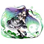  1girl butterfly cape divine_gate dress eyebrows eyebrows_visible_through_hair frilled_dress frills full_body green_eyes hair_ribbon hands_together interlocked_fingers lolita_fashion long_hair looking_at_viewer official_art purple_hair purple_shoes red_ribbon ribbon see-through shadow shoes smile solo transparent_background ucmm 