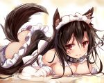  1girl alternate_costume animal_ears ass bare_shoulders blush breasts brown_hair chains cleavage collar commentary_request cup detached_collar drinking_glass efe enmaided gloves imaizumi_kagerou leash long_hair looking_at_viewer lying maid maid_headdress on_floor red_eyes revision solo tail tears touhou very_long_hair white_gloves wolf_ears wolf_tail 