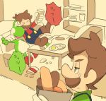  &gt;_&lt; 2boys :d arm_around_shoulder bag blue_eyes brothers brown_hair carrying closed_eyes couch cup drinking_glass facial_hair food friends hand_on_another&#039;s_shoulder holding_glass indoors looking_at_another luigi male_focus mario super_mario_bros. multiple_boys mustache no_hat no_headwear on_couch open_mouth overalls plate shopping_bag siblings sitting sketch smile super_mario_bros. sweatdrop table uroad7 xd yoshi 