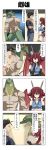  1girl 2boys 4koma arm_warmers black_hair brown_eyes closed_eyes comic commentary_request crop_top crossed_arms denim denim_shorts dragon_girl dragon_horns dragon_wings facial_hair garter_straps glasses hallway hand_on_hip hand_on_own_chin hand_up highres horns lizard_tail lizardman midriff multiple_boys muscle open_mouth original rappa_(rappaya) redhead shirt shorts sleeveless sleeveless_shirt slit_pupils stubble sweatdrop t-shirt thigh-highs thought_bubble translation_request wings 