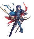  blue_eyes blue_hair broken_mask cape falchion_(fire_emblem) fingerless_gloves fire_emblem fire_emblem:_kakusei fire_emblem_heroes full_body gloves highres holding holding_sword holding_weapon jewelry lucina marth_(fire_emblem:_kakusei) mask official_art open_mouth sheath short_hair solo standing sword thigh-highs tiara torn_clothes transparent_background weapon 