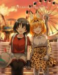  2girls :d animal_ears bench black_gloves black_hair blonde_hair blush bow bowtie cat_ears cat_tail closed_eyes collarbone commentary_request elbow_gloves ferris_wheel gloves hand_holding hat hat_feather hat_removed headwear_removed kaban kemono_friends lyrics multiple_girls open_mouth pantyhose roller_coaster serval_(kemono_friends) serval_ears serval_print short_hair sitting smile somechime_(sometime1209) sunset tail translation_request twitter_username 