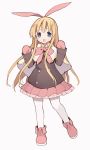  1girl amae_koromo animal_ears bangs blonde_hair blue_eyes blush boots bow coat eyebrows_visible_through_hair fake_animal_ears full_body grey_background hair_bow highres itsumi_(itumiyuo) long_hair looking_at_viewer mittens open_mouth pantyhose pink_boots pink_bow pink_skirt pleated_skirt rabbit_ears saki simple_background skirt smile solo standing white_legwear 