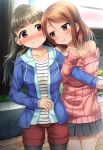  2girls bare_shoulders blush breasts brown_eyes brown_hair eyebrows_visible_through_hair houjou_karen idolmaster idolmaster_cinderella_girls locked_arms long_hair looking_at_another multiple_girls noshimasa pantyhose red_eyes ribbed_sweater smile sweater yuri 