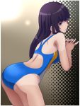  1girl ass awa black_eyes black_hair blue_swimsuit competition_swimsuit cowboy_shot from_behind fuuka hair_intakes iwami_sara leaning_forward long_hair looking_at_viewer one-piece_swimsuit solo swimsuit 