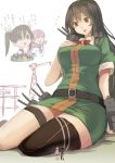  3girls :d akashi_(kantai_collection) black_hair black_legwear brown_eyes chikuma_(kantai_collection) flying_sweatdrops giantess green_eyes green_jacket hair_ribbon jacket kantai_collection long_hair multiple_girls multiple_views open_mouth pink_hair red_eyes red_ribbon ribbon sailor_collar school_uniform serafuku shaded_face short_sleeves single_thighhigh smile thigh-highs tone_(kantai_collection) translation_request tress_ribbon twintails utopia white_background white_ribbon 