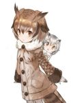  2girls :o age_difference arms_at_sides baby blonde_hair brown_coat brown_gloves brown_hair buttons coat collar eurasian_eagle_owl_(kemono_friends) eyebrows_visible_through_hair eyelashes fur-trimmed_sleeves fur_collar fur_trim gloves grey_coat grey_gloves grey_hair grey_legwear head_wings kemono_friends kotanuki_(kotanukiya) light_brown_hair long_sleeves looking_at_viewer multicolored multicolored_clothes multicolored_gloves multicolored_hair multiple_girls northern_white-faced_owl_(kemono_friends) open_mouth orange_eyes pantyhose pocket short_hair simple_background size_difference tail tareme white_background white_hair wings yellow_eyes yellow_gloves younger 