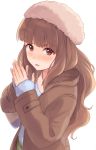  1girl blush brown_hair eyebrows hat idolmaster idolmaster_cinderella_girls idolmaster_cinderella_girls_starlight_stage kamiya_nao long_hair looking_at_viewer red_eyes simple_background solo tamaki_(q_tamaki) white_background 