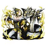  1girl bare_shoulders blonde_hair breasts cleavage divine_gate floating_hair full_body garter_straps hair_ornament hand_in_hair hand_on_hip jewelry kneeling long_hair medium_breasts necklace official_art pleated_skirt shadow skirt solo thigh-highs transparent_background ucmm very_long_hair white_legwear yellow_eyes yellow_skirt 