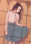  1girl arm_at_side blue_skirt brown_hair buttons closed_eyes collared_shirt commentary_request dated dress_shirt highres lips long_hair long_skirt long_sleeves ltr0312 nose o-ring original parted_lips profile shirt skirt skirt_hold solo standing white_shirt 