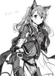  1girl :&lt; beatrix_(granblue_fantasy) blush closed_mouth gloves granblue_fantasy hand_up long_hair monochrome ponytail simple_background sketch solo strap sweatdrop tanuma_(tyny) twitter_username 