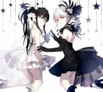  2girls black_dress black_feathers black_flower black_gloves black_hair black_shoes black_vs_white blue_eyes curly_hair dress elbow_gloves feathers flower fumio_(kanmi) gloves hair_feathers hair_flower hair_ornament halterneck hands_together high_heels kneeling light_smile long_hair looking_at_viewer looking_back multiple_girls open-back_dress original shoes silver_hair simple_background star straight_hair symmetry thighs white_background white_dress white_flower white_gloves white_hair white_shoes 