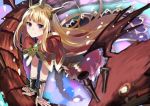  1girl bangs blonde_hair blush cagliostro_(granblue_fantasy) cape capelet closed_mouth eyebrows_visible_through_hair fuotchan granblue_fantasy headpiece long_hair looking_at_viewer pleated_skirt red_skirt skirt smile solo very_long_hair violet_eyes 