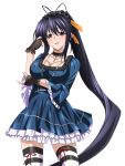  1girl absurdly_long_hair black_hair black_hairband blue_dress breasts bridal_gauntlets choker cleavage collarbone cowboy_shot cross cross_necklace dress erect_nipples hair_between_eyes hair_ribbon hairband hand_in_hair high_school_dxd himejima_akeno jewelry large_breasts lolita_hairband long_hair looking_at_viewer necklace orange_ribbon parted_lips ponytail red_ribbon ribbon solo standing striped striped_legwear thigh-highs transparent_background very_long_hair violet_eyes zettai_ryouiki 