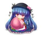 1girl black_hat blue_hair blush bow chibi eating eyebrows_visible_through_hair food fruit hat hinanawi_tenshi long_hair long_skirt looking_down peach red_bow red_eyes skirt solo t.m_(aqua6233) touhou translated