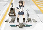  1girl ammunition black_hair blue_skirt brown_eyes commentary_request from_above hair_between_eyes hand_on_hip kantai_collection knolling kozou_(rifa) looking_at_viewer looking_up machinery midriff miyuki_(kantai_collection) open_mouth school_uniform serafuku short_hair short_sleeves skirt smile smokestack solo standing teeth torpedo turret v 