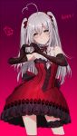  1girl ahoge blush braid cosplay dress elbow_gloves gloves heart_ahoge hoshi_shouko ichinose_shiki ichinose_shiki_(cosplay) idolmaster idolmaster_cinderella_girls idolmaster_cinderella_girls_starlight_stage long_hair open_mouth red_dress rod_(rod4817) silver_hair single_braid smile solo two_side_up 