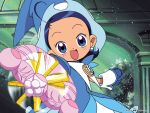  1girl arms_out blue_eyes blue_hair dress earrings gloves hat looking_at_viewer ojamajo_doremi open_mouth senoo_aiko sharp solo tagme wand 