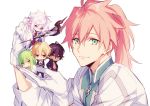  1boy blonde_hair brown_hair character_doll dark_skin enkidu_(fate/strange_fake) fate/grand_order fate/prototype fate/prototype:_fragments_of_blue_and_silver fate/strange_fake fate_(series) gilgamesh gloves green_eyes green_hair long_hair looking_at_viewer merlin_(fate/stay_night) ponytail rider_(fate/prototype_fragments) romani_akiman simple_background smile white_background white_gloves white_hair xia_(ryugo) 