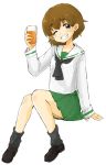 1girl bangs black_legwear black_neckerchief blouse brown_eyes brown_hair brown_shoes cup drinking_glass freckles full_body girls_und_panzer green_skirt grin holding invisible_chair loafers long_sleeves looking_at_viewer loose_socks neckerchief oimo_mushi one_eye_closed ooarai_school_uniform school_uniform serafuku shoes short_hair simple_background sitting sketch skirt smile socks solo tsuchiya_(girls_und_panzer) white_background white_blouse 