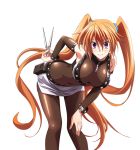  1girl bent_over black_legwear breasts cleavage detached_sleeves erect_nipples eyebrows_visible_through_hair hair_between_eyes hair_ornament hand_on_hip hand_on_own_knee high_school_dxd holding holding_knife knife knives_between_fingers large_breasts long_hair looking_at_viewer miniskirt orange_hair pantyhose see-through shidou_irina shiny shiny_clothes shiny_skin skirt smile solo standing transparent_background twintails very_long_hair violet_eyes white_skirt 
