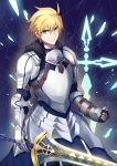  1boy absurdres armor blonde_hair breastplate clenched_hand cowboy_shot cross excalibur_(fate/prototype) fate/prototype fate_(series) faulds gekkan_shounen_yamaneko-kun green_eyes highres male_focus pauldrons saber_(fate/prototype) serious short_hair solo sword vambraces weapon 