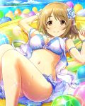  1girl armband ball bare_legs beachball bikini bracelet breasts brown_eyes brown_hair cleavage clouds ears eyebrows_visible_through_hair flower hair_flower hair_ornament idolmaster idolmaster_cinderella_girls jewelry large_breasts looking_at_viewer lying midriff mimura_kanako navel necklace official_art on_back short_hair swimsuit 