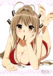 1girl absurdres amagi_brilliant_park antenna_hair artist_request bare_shoulders barefoot bikini blush body_blush bow breasts brown_eyes brown_hair cleavage collarbone eating feet food hair_bow hair_intakes halterneck heart heart_border highres large_breasts long_hair lying official_art on_stomach pocky red_bikini scan sento_isuzu shiny shiny_hair shiny_skin solo swimsuit white_background 