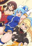  3girls :d aoi_manabu aqua_(konosuba) armpits arms_behind_back arms_behind_head bare_shoulders black_gloves blonde_hair blue_eyes blue_hair blush bound bound_arms brown_hair darkness_(konosuba) erect_nipples eyepatch fingerless_gloves gloves groin kono_subarashii_sekai_ni_shukufuku_wo! long_hair looking_at_viewer megumin multiple_girls open_mouth ponytail red_eyes short_hair smile sweat teeth torn_clothes v 