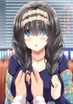  1girl black_hair blue_eyes blush braiding_hair breasts hairdressing idolmaster idolmaster_cinderella_girls jewelry long_hair looking_at_viewer necklace oga_raito open_mouth pov sagisawa_fumika shawl solo_focus translated 