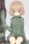  2girls arm_grab arm_support bangs black_hair black_skirt black_vest blonde_hair blue_eyes blush closed_mouth frown girls_und_panzer green_jacket green_jumpsuit jacket katyusha long_hair long_sleeves looking_at_viewer military military_uniform miniskirt multiple_girls nonna pleated_skirt pravda_military_uniform short_hair short_jumpsuit shuuichi_(gothics) sitting skirt solo standing uniform vest 