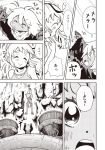  1boy 1girl amputee bandaged_arm blush cloak comic greyscale jumping karaagetarou metal_gloves monochrome original ponytail smile tearing_up translated 