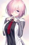  1girl black_dress blush breasts dress fate/grand_order fate_(series) fingers_together hair_over_one_eye hood hooded_jacket jacket kousaki_rui large_breasts looking_at_viewer necktie open_clothes open_jacket purple_hair red_necktie shielder_(fate/grand_order) short_hair signature smile solo upper_body violet_eyes white_jacket 
